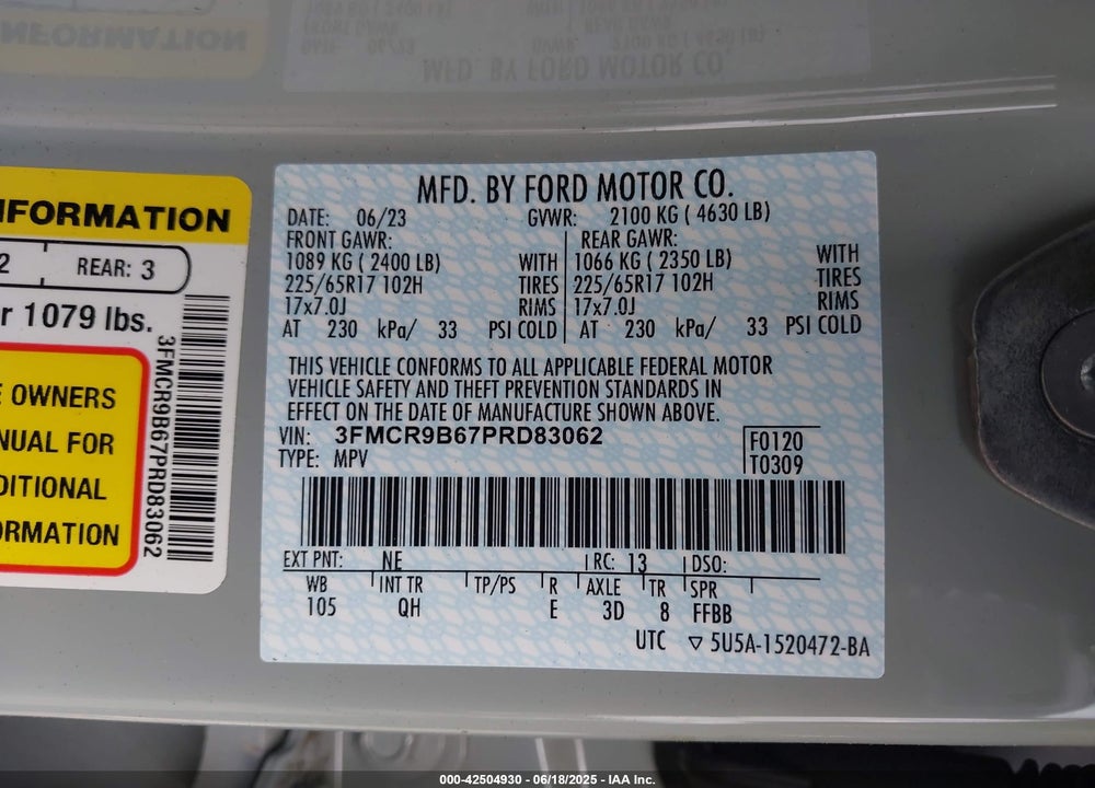 2023 FORD BRONCO SPORT VIN: 3FMCR9B67PRD83062