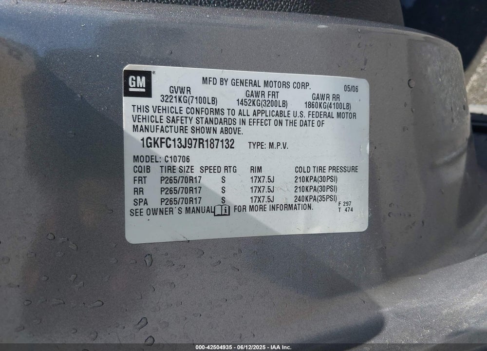 2007 GMC YUKON VIN: 1GKFC13J97R187132