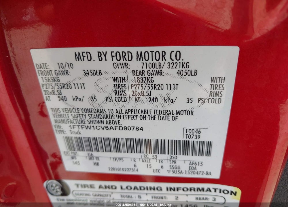 2010 HARLEY-DAVIDSON FORD F-150 FX2 SPORT//KING RANCH/LARIAT/PLATINUM/XL/XLT VIN: 1FTFW1CV6AFD90784