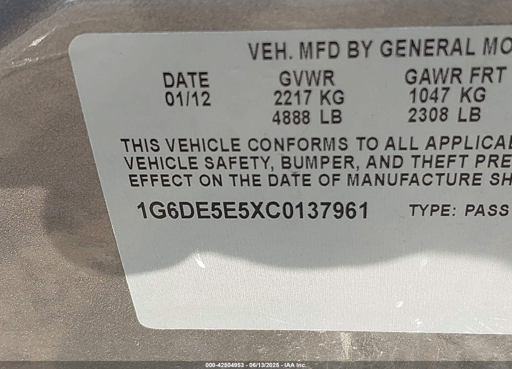 2012 CADILLAC CTS VIN: 1G6DE5E5XC0137961