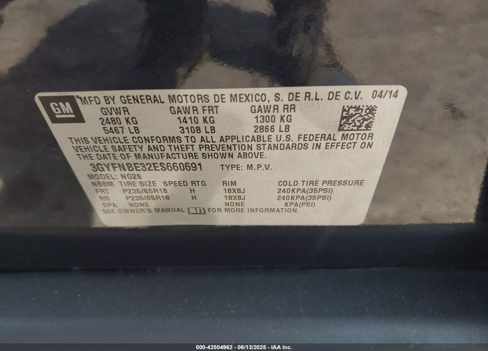 2014 CADILLAC SRX VIN: 3GYFNBE32ES660691