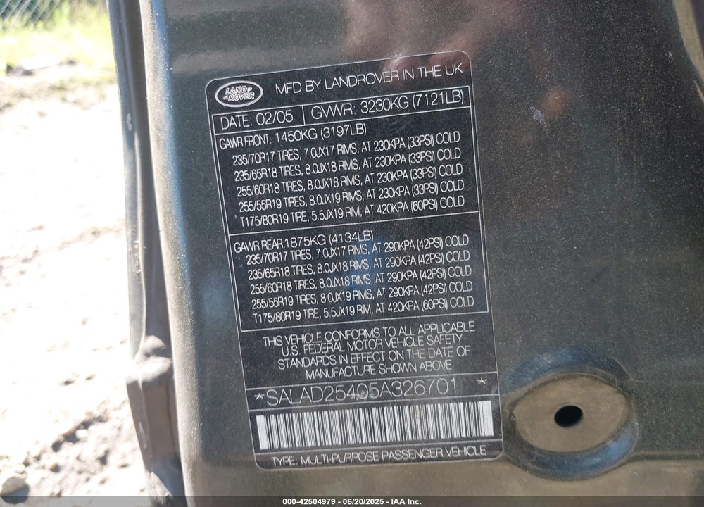 2005 LAND ROVER LR3 SE VIN: SALAD25405A326701