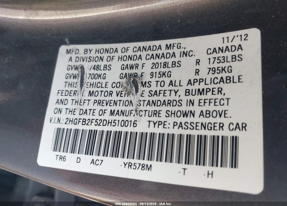 2013 HONDA CIVIC VIN: 2HGFB2F52DH510016