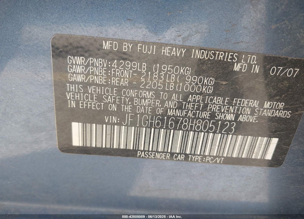 2008 SUBARU IMPREZA VIN: JF1GH61678H805123