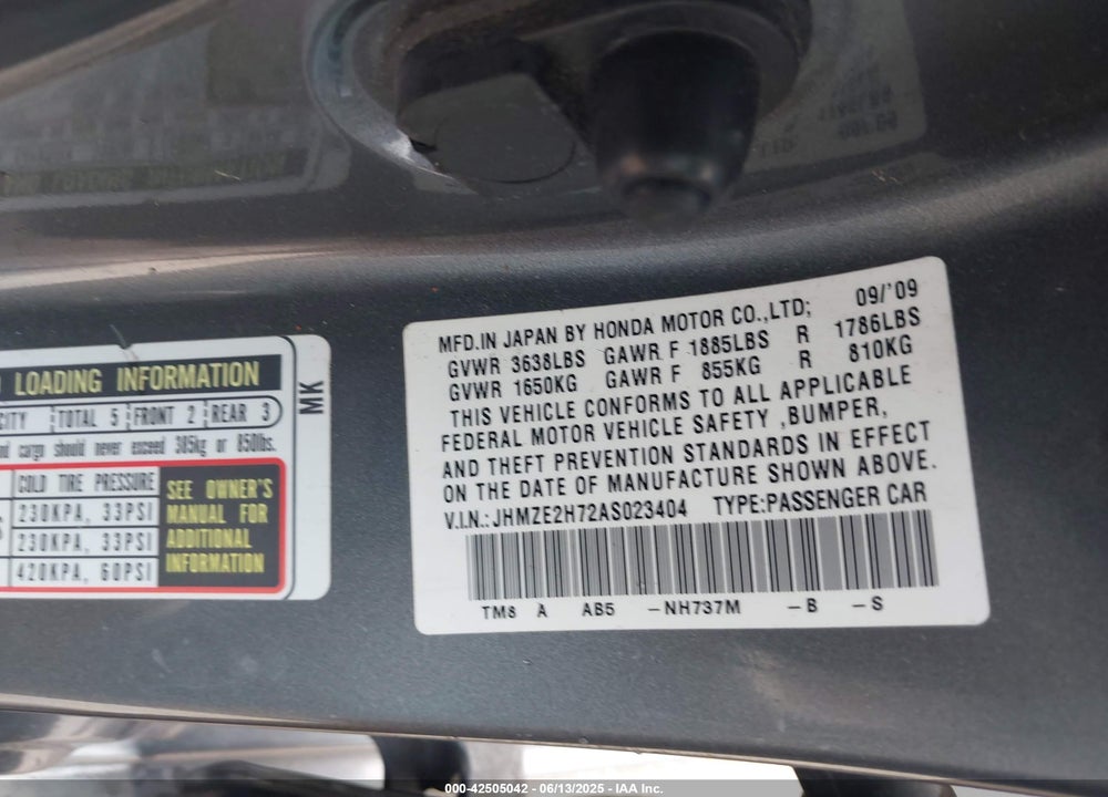 2010 HONDA INSIGHT VIN: JHMZE2H72AS023404