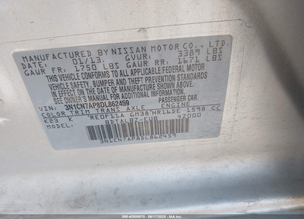 2013 NISSAN VERSA 1.6 SV VIN: 3N1CN7AP8DL862459