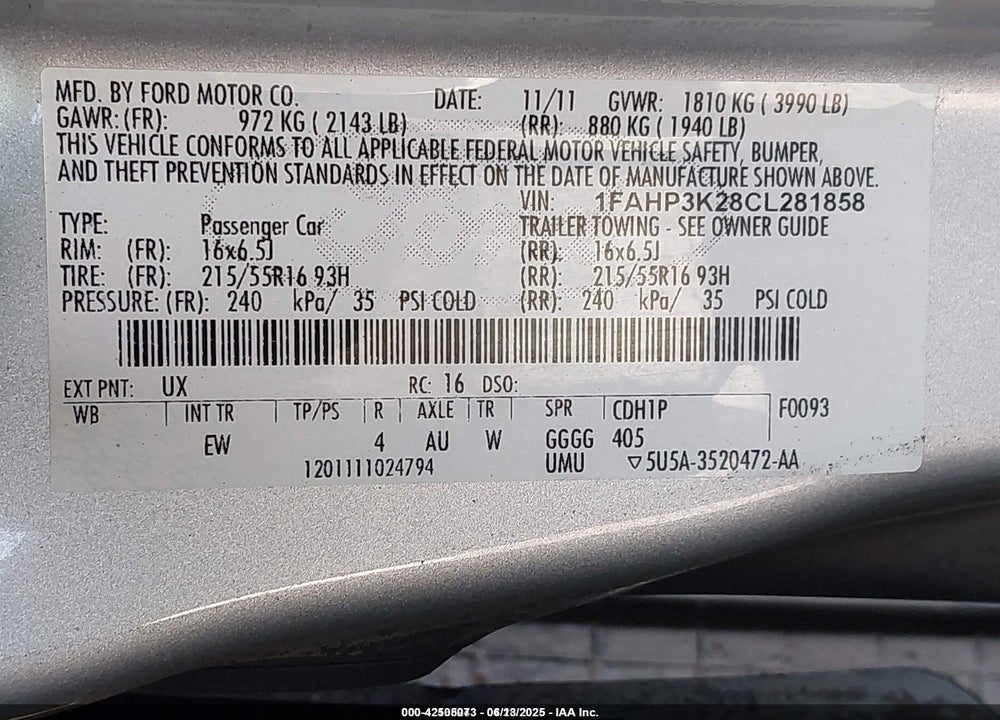 2012 FORD FOCUS VIN: 1FAHP3K28CL281858