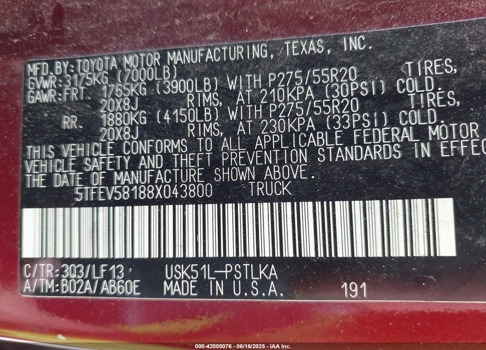 2008 TOYOTA TUNDRA LIMITED 5.7L V8 VIN: 5TFEV58188X043800