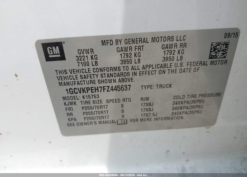 2015 CHEVROLET SILVERADO 1500 VIN: 1GCVKPEH7FZ445637