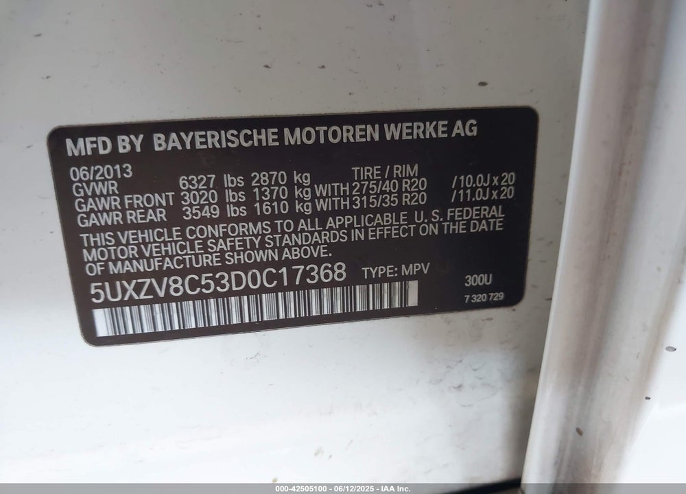 2013 BMW X5 VIN: 5UXZV8C53D0C17368