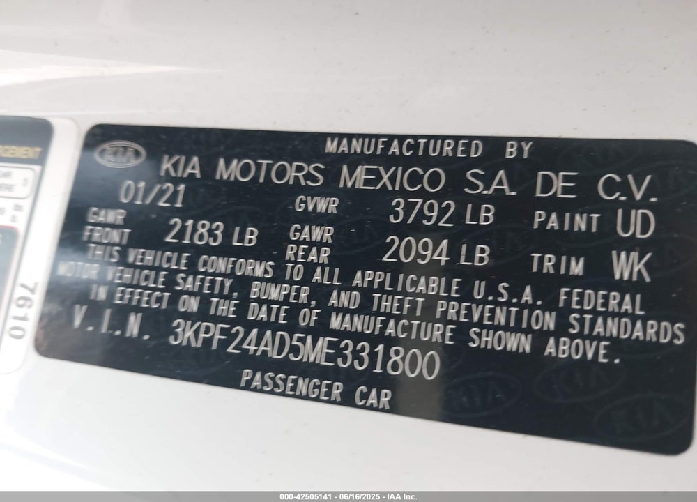 2021 KIA FORTE LXS VIN: 3KPF24AD5ME331800
