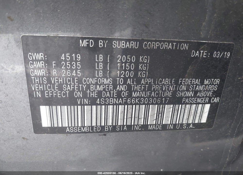 2019 SUBARU LEGACY VIN: 4S3BNAF66K3030617