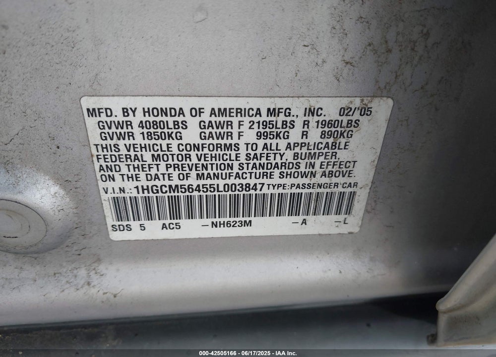 2005 HONDA ACCORD VIN: 1HGCM56455L003847