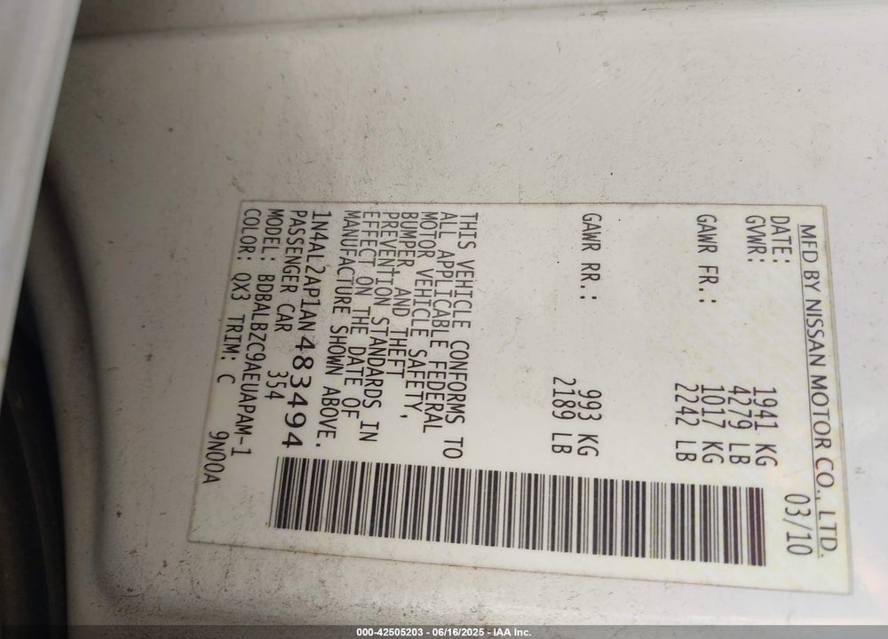 2010 NISSAN ALTIMA VIN: 1N4AL2AP1AN483494