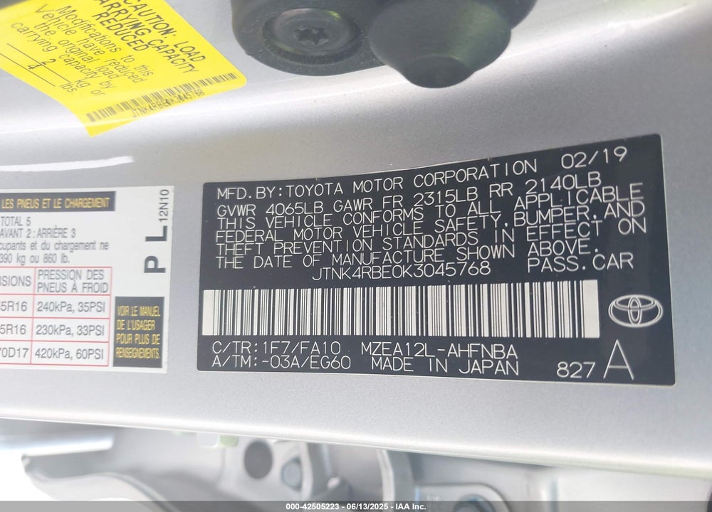 2019 TOYOTA COROLLA VIN: JTNK4RBE0K3045768