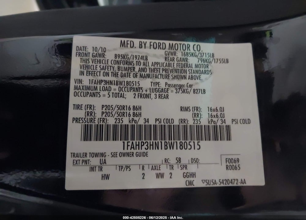 2011 FORD FOCUS SEL VIN: 1FAHP3HN1BW180515