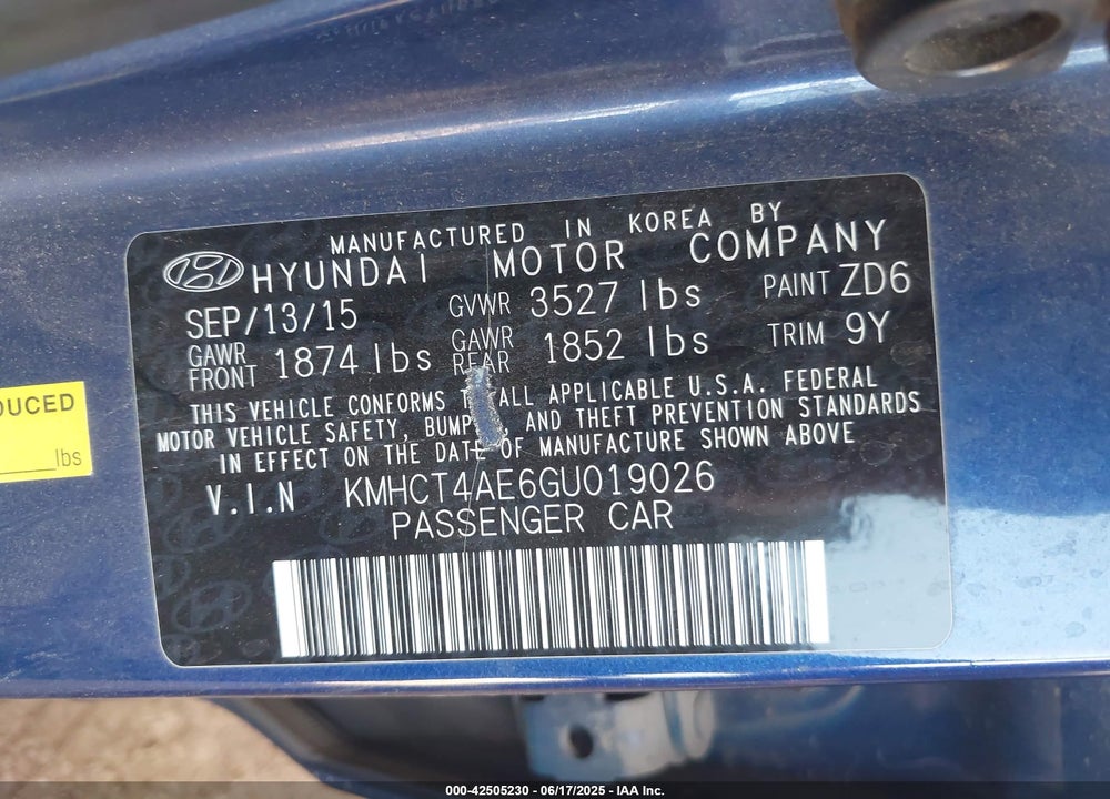 2016 HYUNDAI ACCENT VIN: KMHCT4AE6GU019026