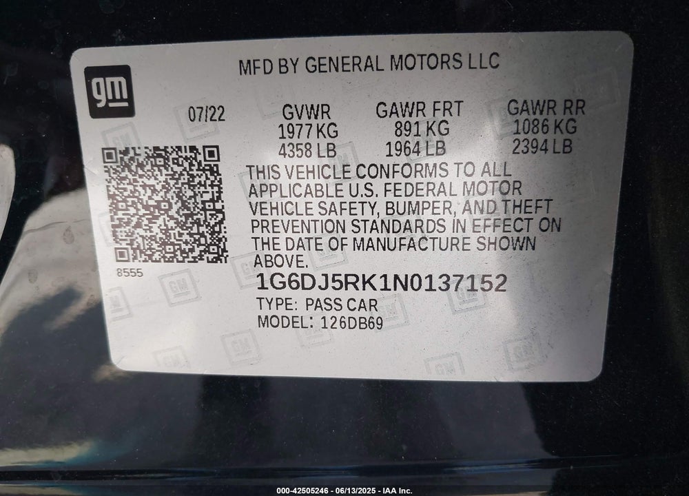 2022 CADILLAC CT4 LUXURY VIN: 1G6DJ5RK1N0137152