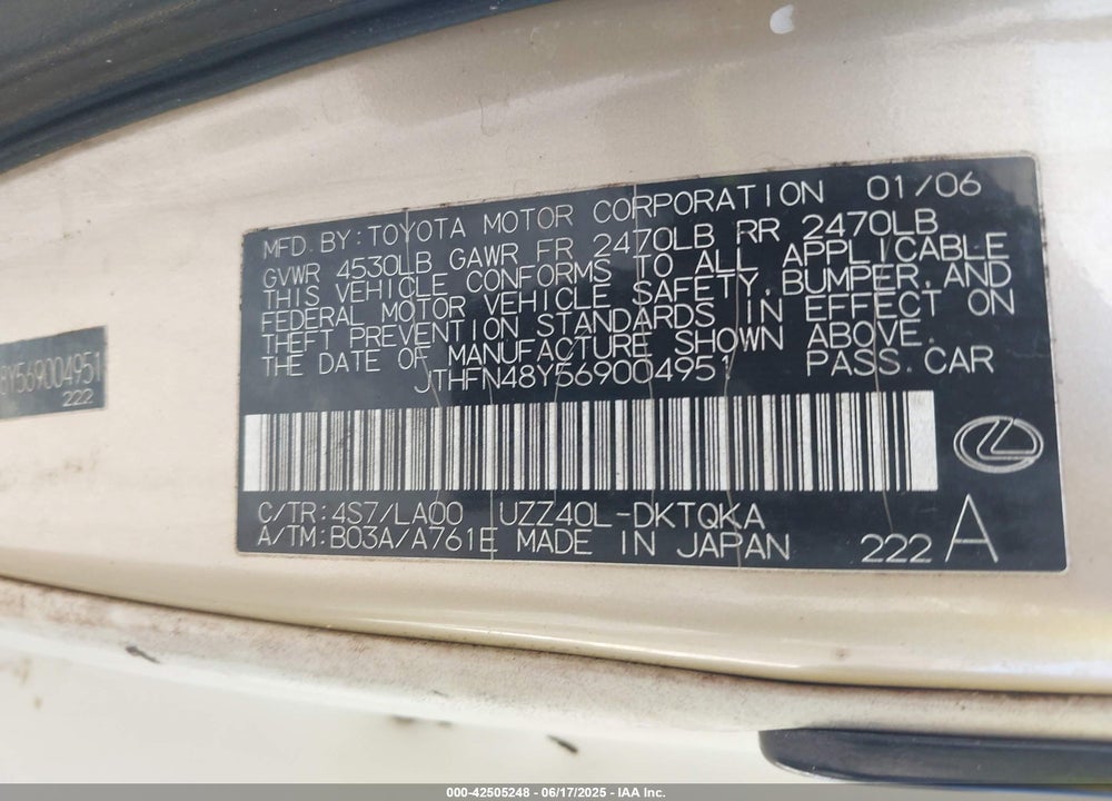 2006 LEXUS SC 430 VIN: JTHFN48Y569004951