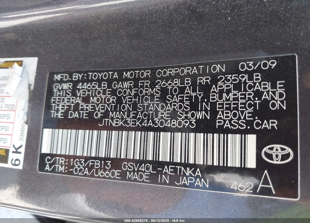 2010 TOYOTA CAMRY VIN: JTNBK3EK4A3048093