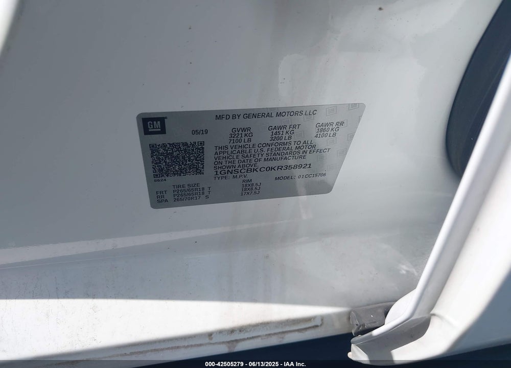 2019 CHEVROLET TAHOE VIN: 1GNSCBKC0KR358921