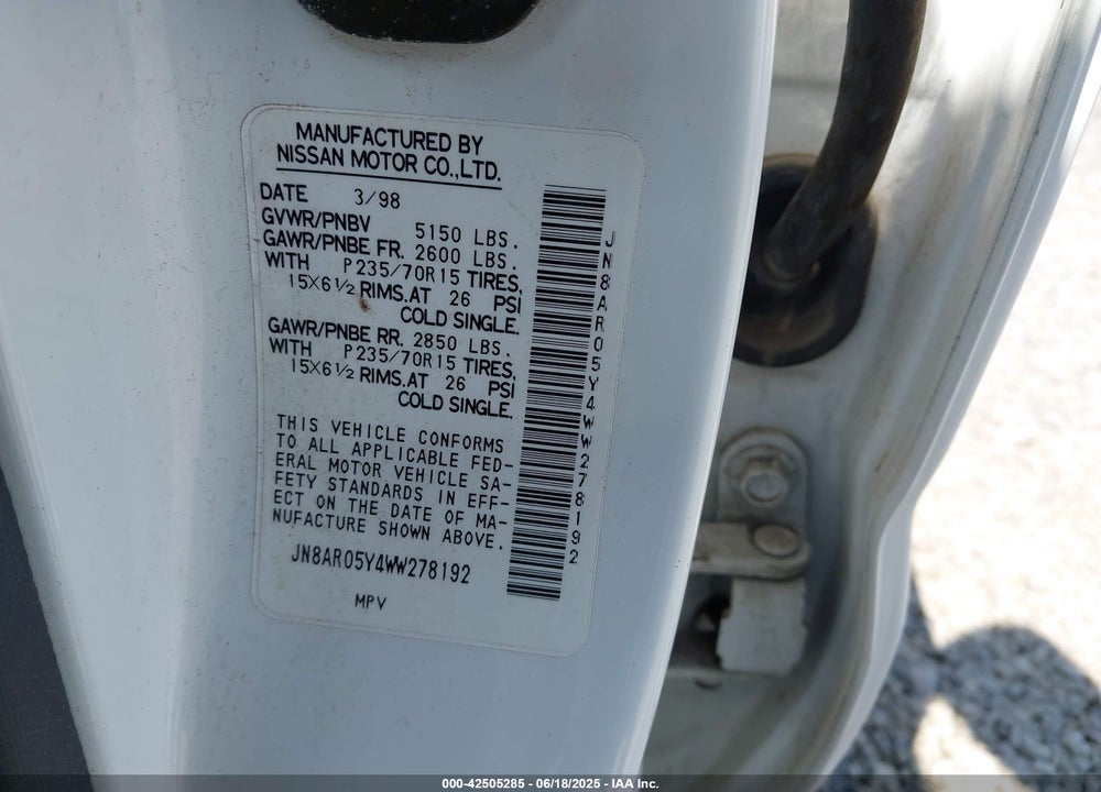 1998 NISSAN PATHFINDER VIN: JN8AR05Y4WW278192