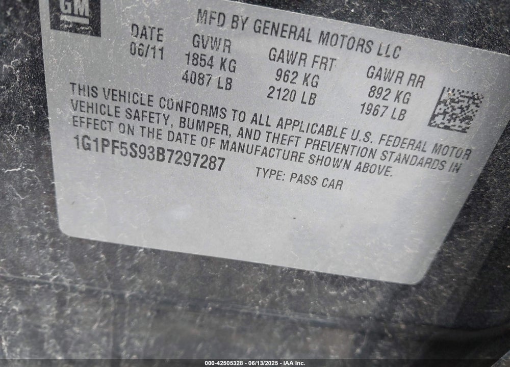 2011 CHEVROLET CRUZE 1LT VIN: 1G1PF5S93B7297287
