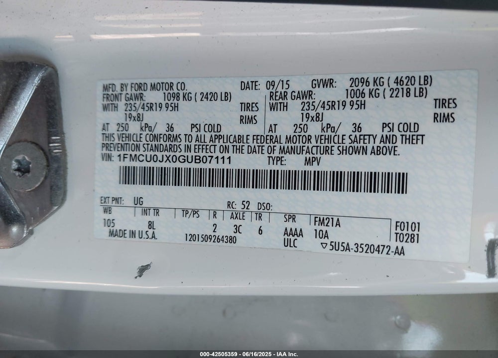 2016 FORD ESCAPE VIN: 1FMCU0JX0GUB07111