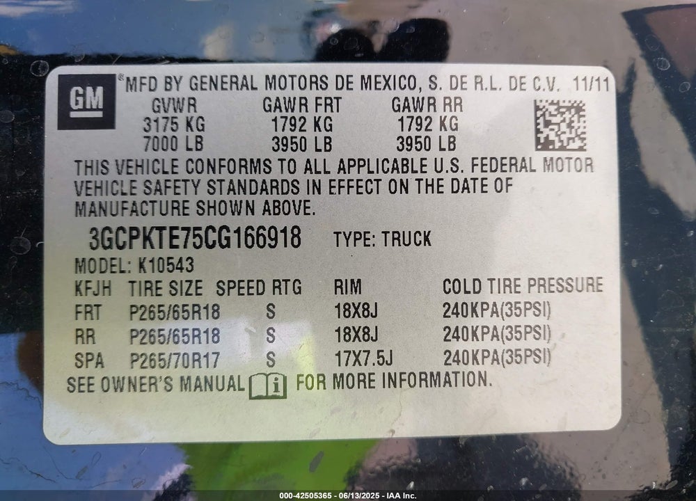 2012 CHEVROLET SILVERADO 1500 VIN: 3GCPKTE75CG166918
