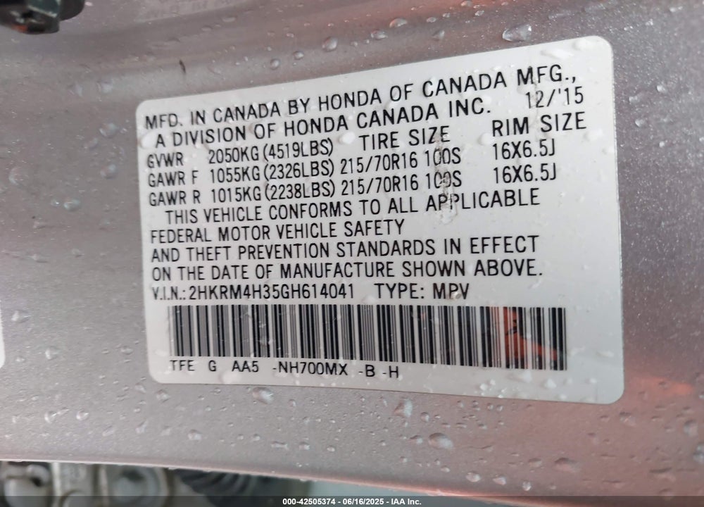 2016 HONDA CR-V VIN: 2HKRM4H35GH614041