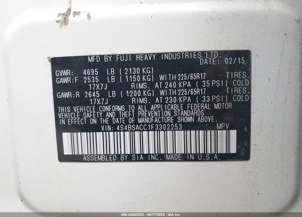 2015 SUBARU OUTBACK VIN: 4S4BSACC1F3302253