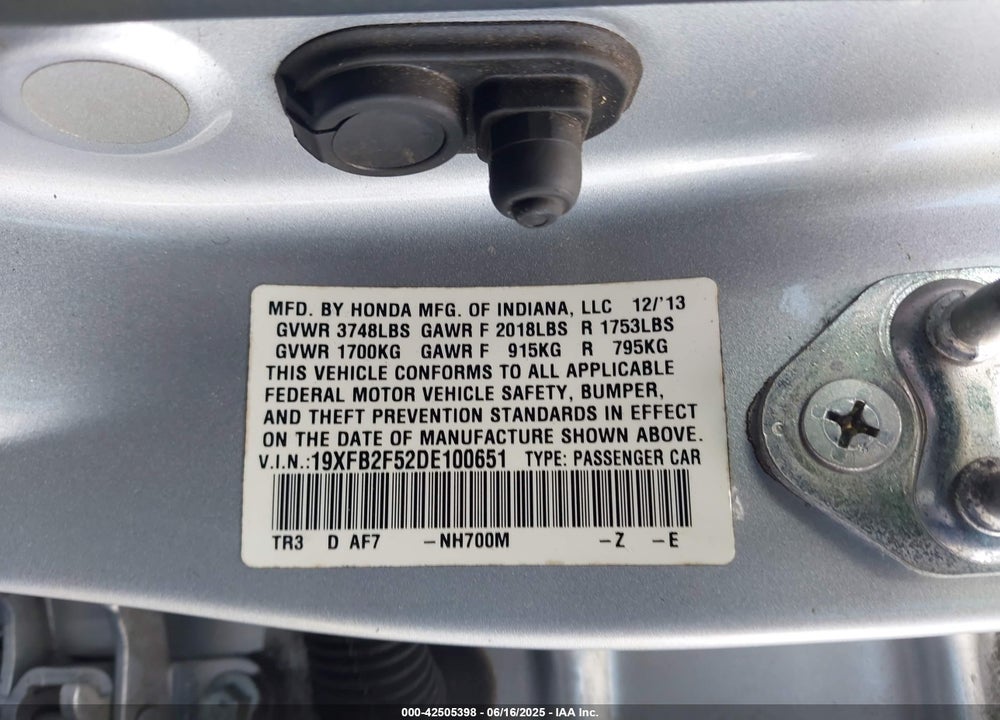 2013 HONDA CIVIC LX VIN: 19XFB2F52DE100651