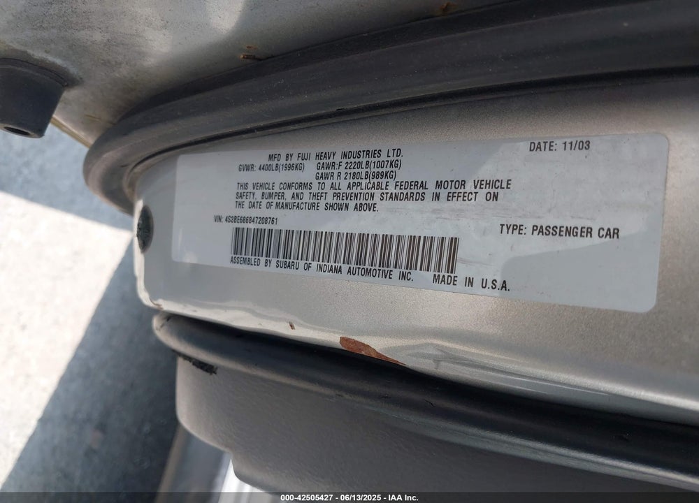 2004 SUBARU OUTBACK LIMITED VIN: 4S3BE686847208761
