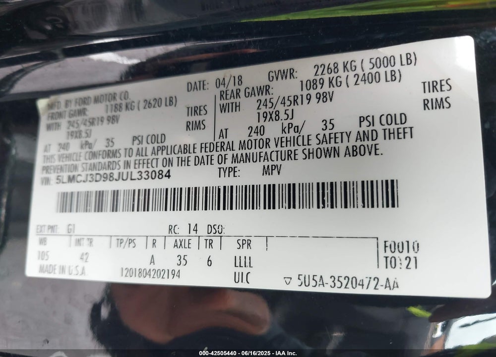 2018 LINCOLN MKC VIN: 5LMCJ3D98JUL33084