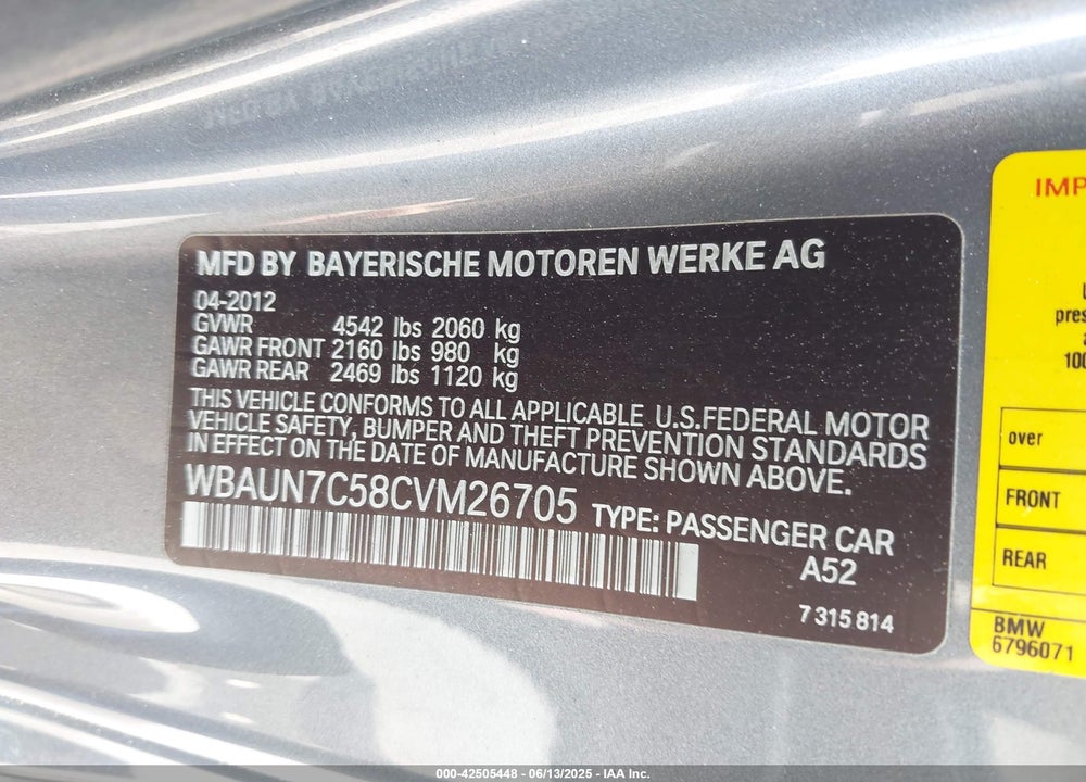 2012 BMW 135I VIN: WBAUN7C58CVM26705