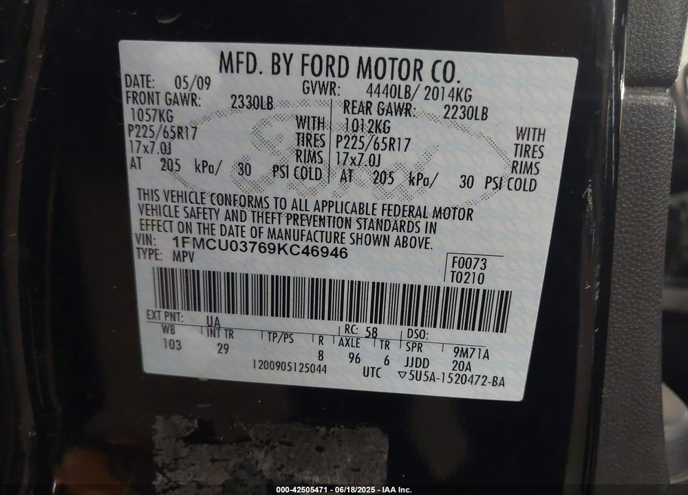 2009 FORD ESCAPE XLT VIN: 1FMCU03769KC46946