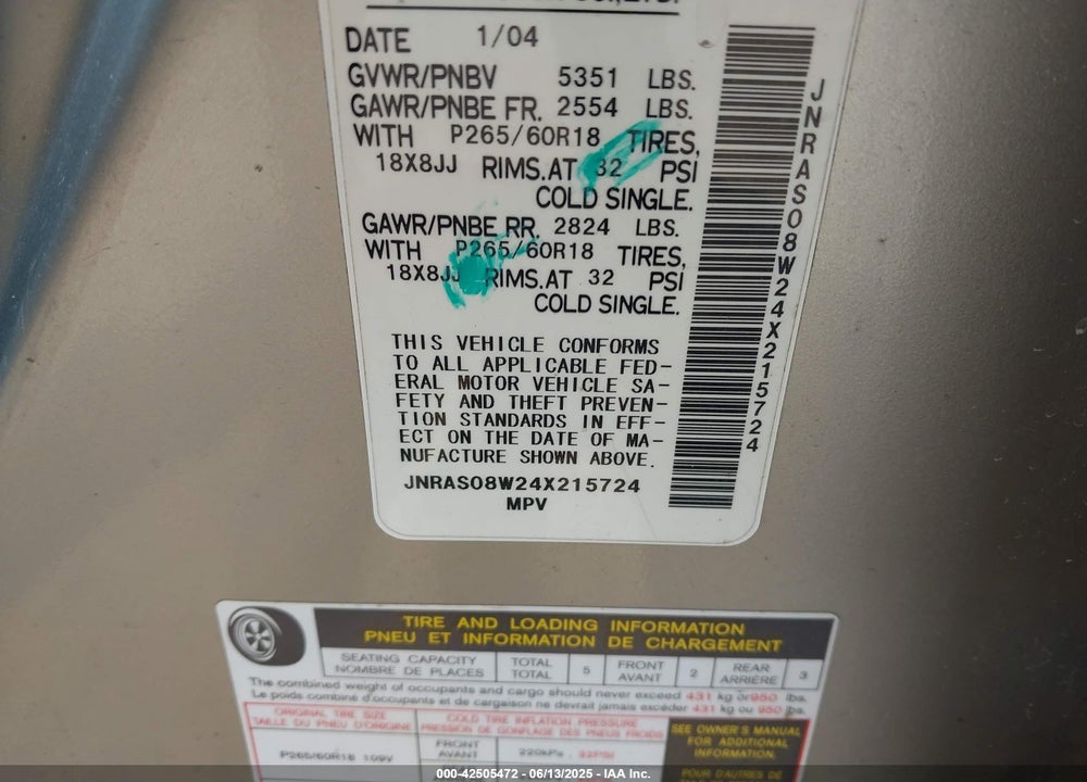 2004 INFINITI FX35 VIN: JNRAS08W24X215724