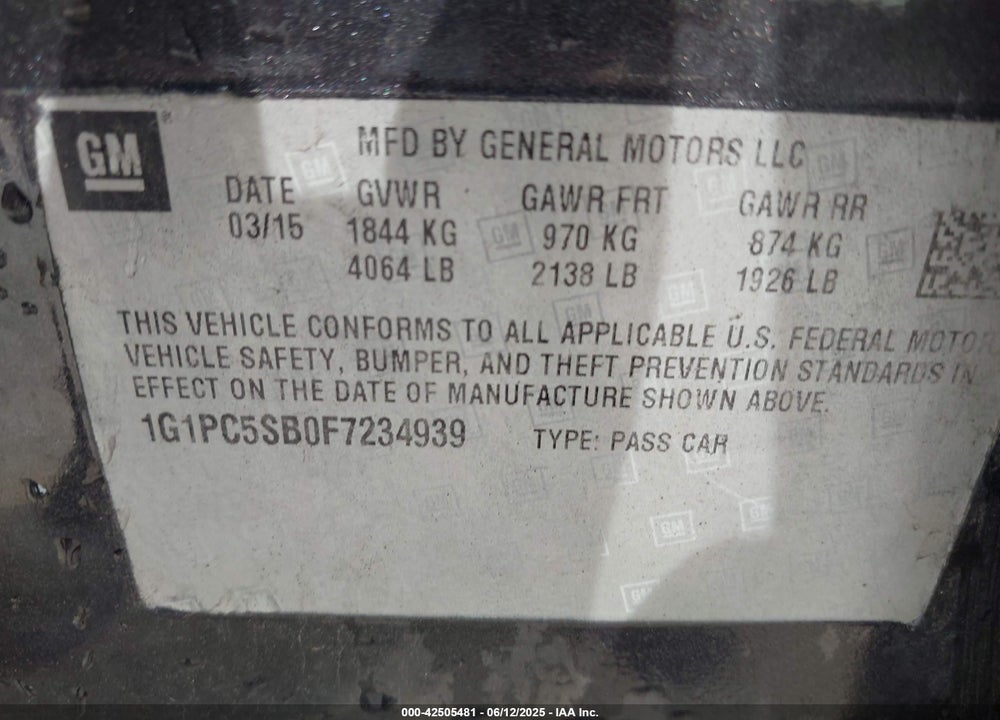2015 CHEVROLET CRUZE VIN: 1G1PC5SB0F7234939