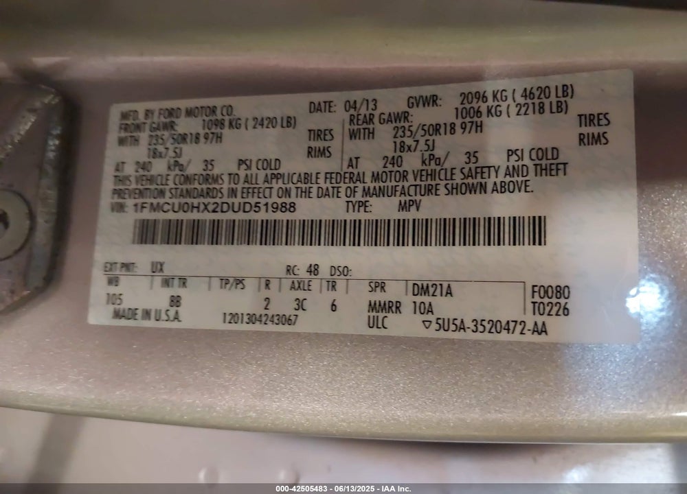 2013 FORD ESCAPE VIN: 1FMCU0HX2DUD51988