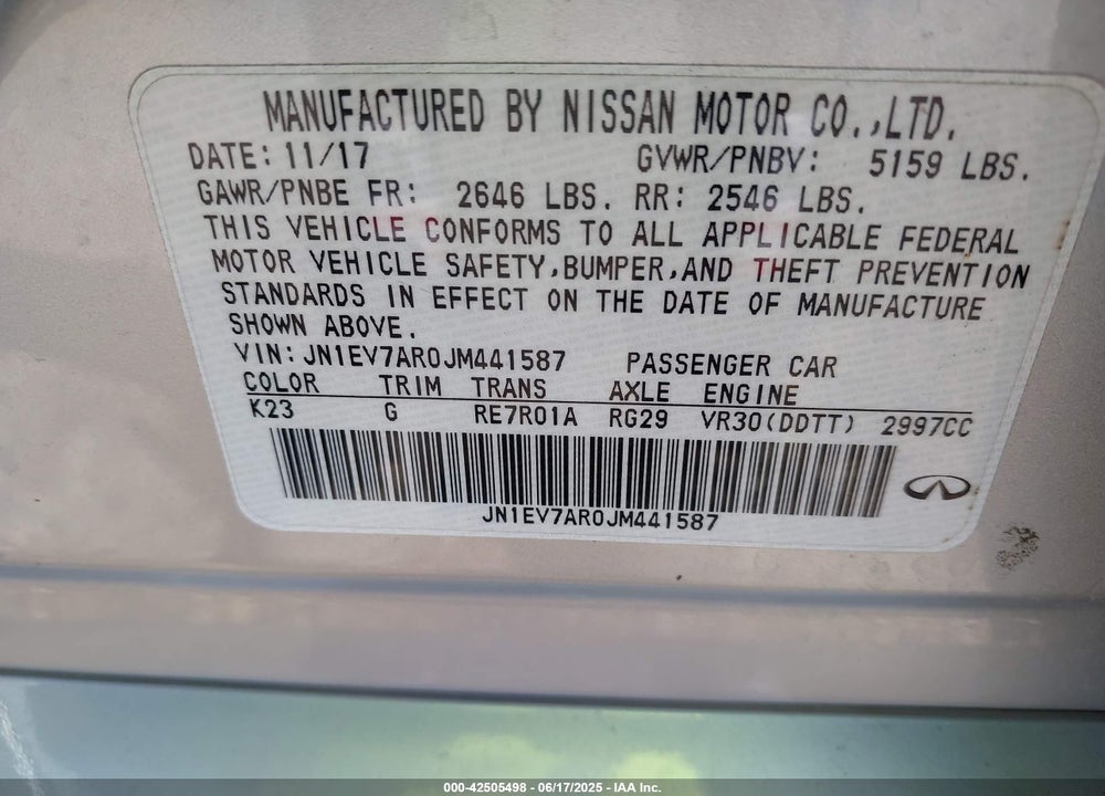 2018 INFINITI Q50 VIN: JN1EV7AR0JM441587