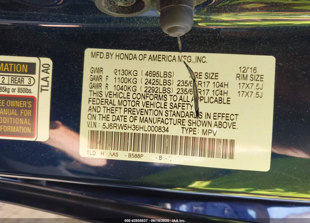 2017 HONDA CR-V LX VIN: 5J6RW5H36HL000834
