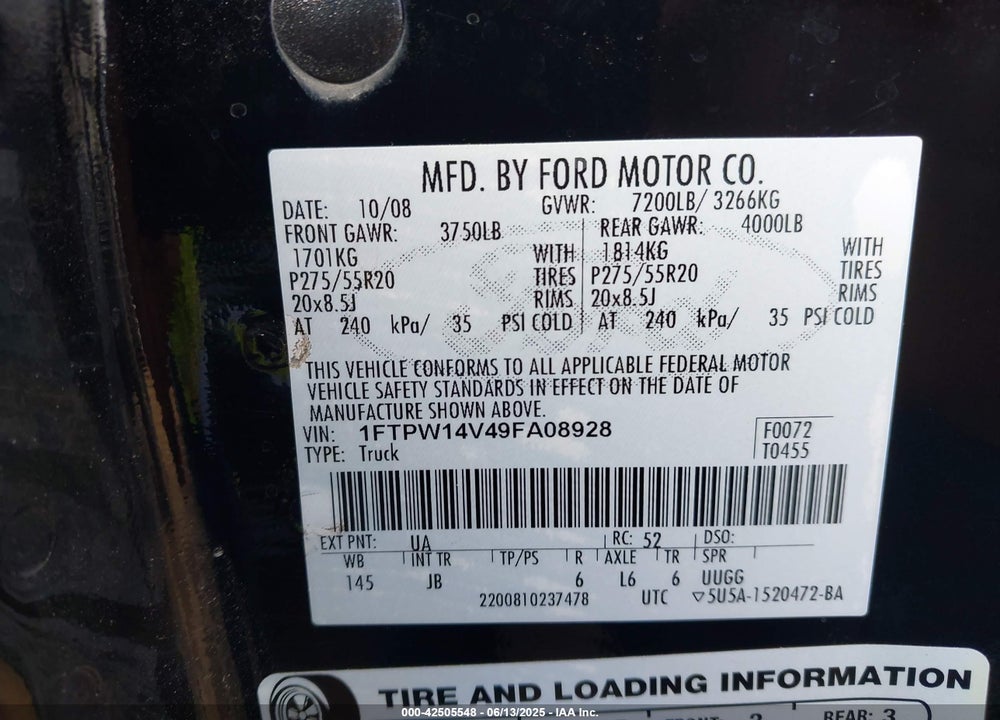 2009 FORD F-150 VIN: 1FTPW14V49FA08928