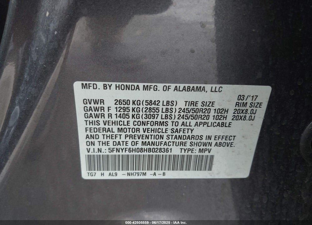 2017 HONDA PILOT ELITE VIN: 5FNYF6H08HB028361