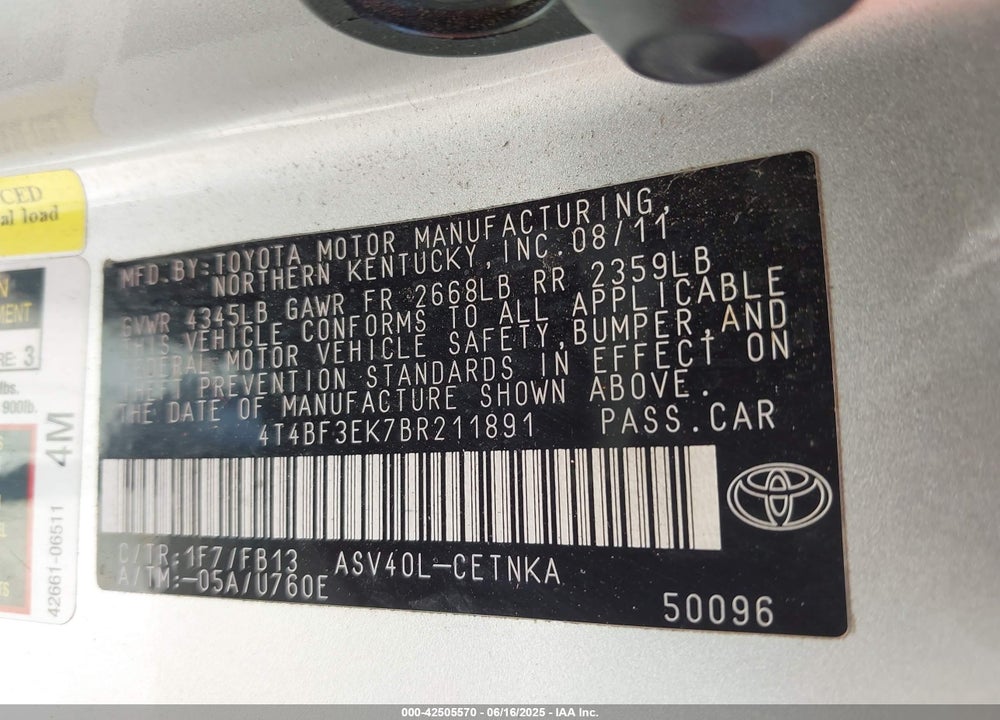 2011 TOYOTA CAMRY LE VIN: 4T4BF3EK7BR211891