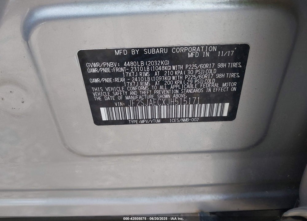 2018 SUBARU FORESTER VIN: JF2SJAECXJH515171