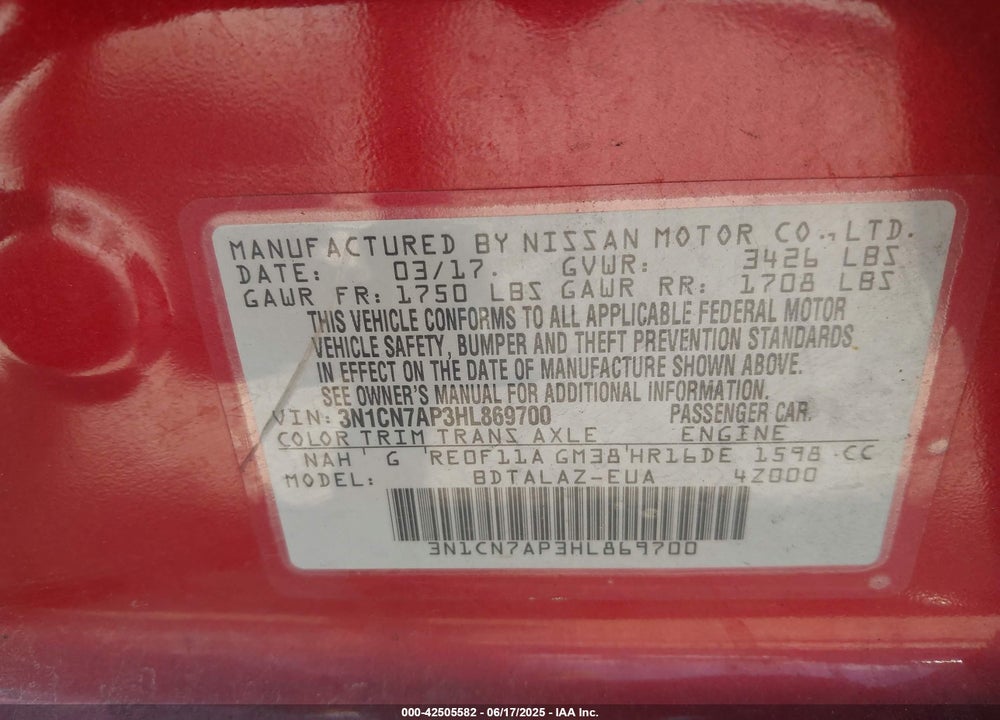 2017 NISSAN VERSA VIN: 3N1CN7AP3HL869700