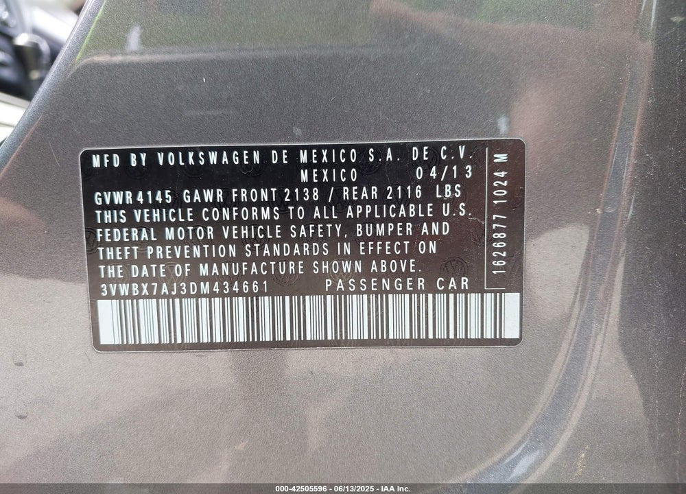 2013 VOLKSWAGEN JETTA VIN: 3VWBX7AJ3DM434661