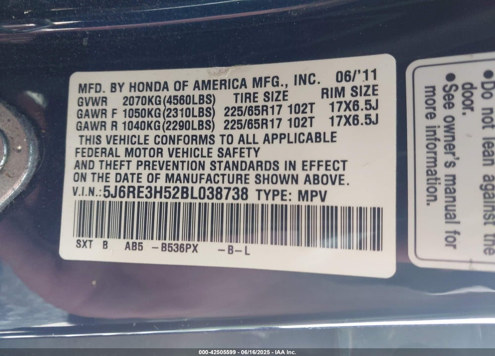 2011 HONDA CR-V VIN: 5J6RE3H52BL038738