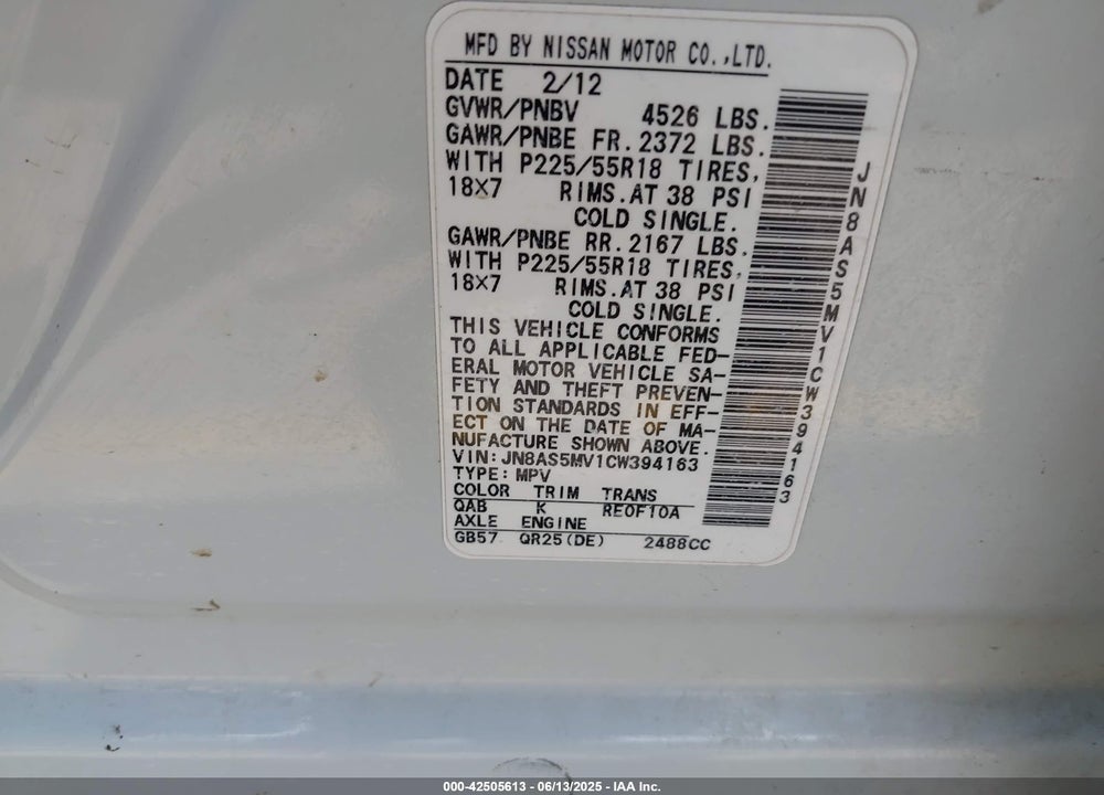 2012 NISSAN ROGUE VIN: JN8AS5MV1CW394163