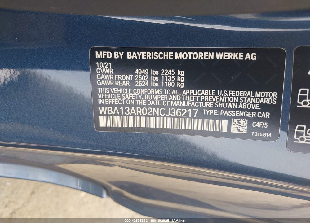2022 BMW M440I VIN: WBA13AR02NCJ36217
